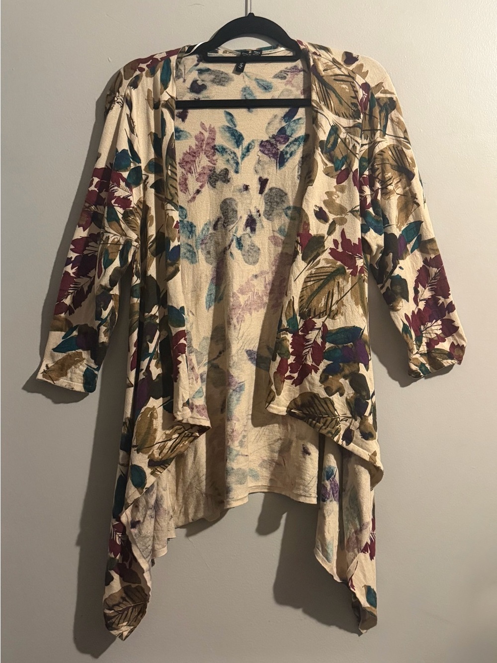 Relativity XL 100% Cotton Floral Leaf Open Front Sharkbite Cardigan Boho